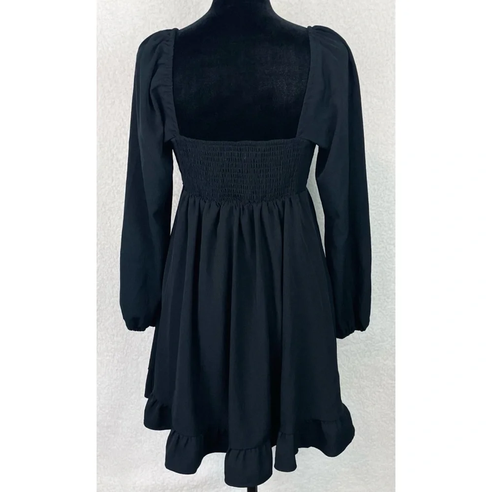 ABERCROMBIE & FITCH • Black Ruffle-Trim Long Sleeve Babydoll Mini Dress, SP - Picture 9 of 16
